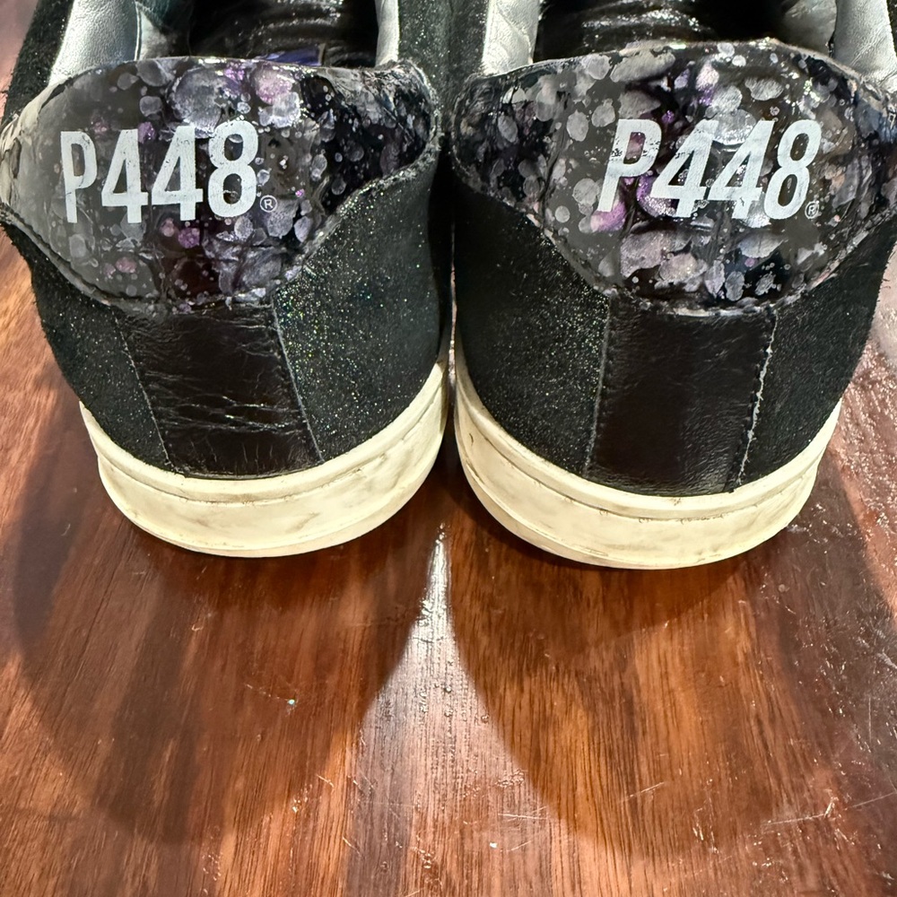 P448 Black Glitter Low-Top Sneakers with Iridescent Blue Tongue - Picture 2 of 5